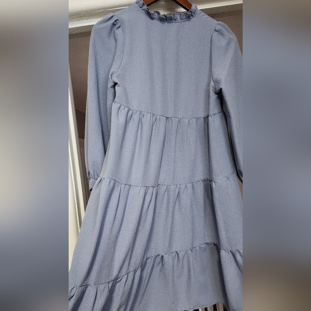Girls Long Sleeve Blue Tiered Dress - Picture 2 of 3